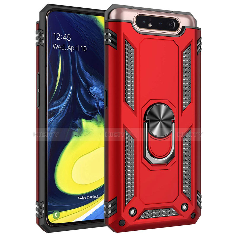 Silikon Hülle Handyhülle und Kunststoff Schutzhülle Tasche mit Magnetisch Fingerring Ständer für Samsung Galaxy A80 Rot