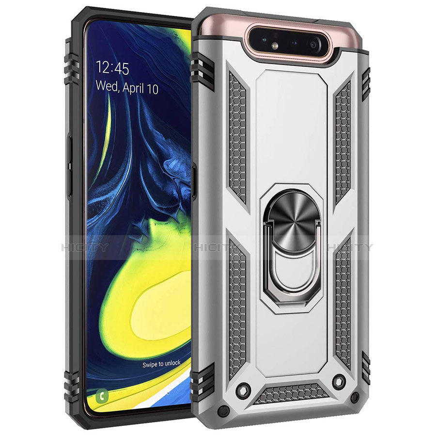 Silikon Hülle Handyhülle und Kunststoff Schutzhülle Tasche mit Magnetisch Fingerring Ständer für Samsung Galaxy A80 Silber