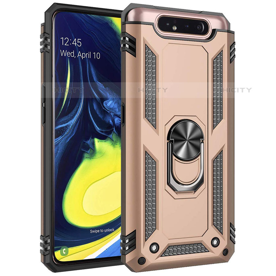 Silikon Hülle Handyhülle und Kunststoff Schutzhülle Tasche mit Magnetisch Fingerring Ständer für Samsung Galaxy A90 4G Gold Plus