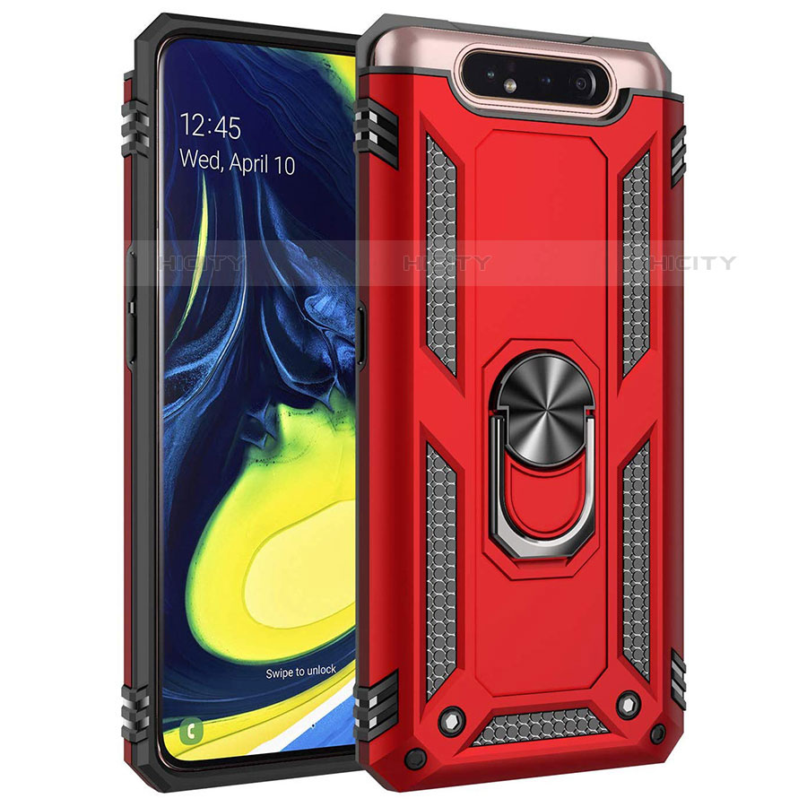 Silikon Hülle Handyhülle und Kunststoff Schutzhülle Tasche mit Magnetisch Fingerring Ständer für Samsung Galaxy A90 4G Rot