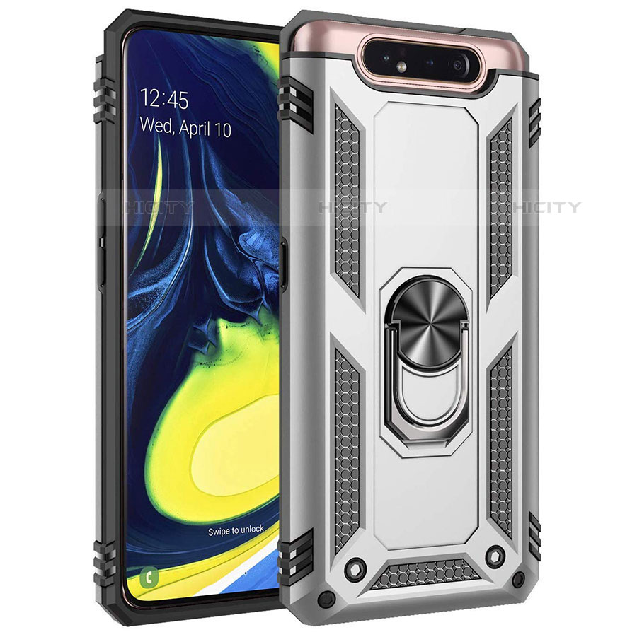 Silikon Hülle Handyhülle und Kunststoff Schutzhülle Tasche mit Magnetisch Fingerring Ständer für Samsung Galaxy A90 4G Silber Plus