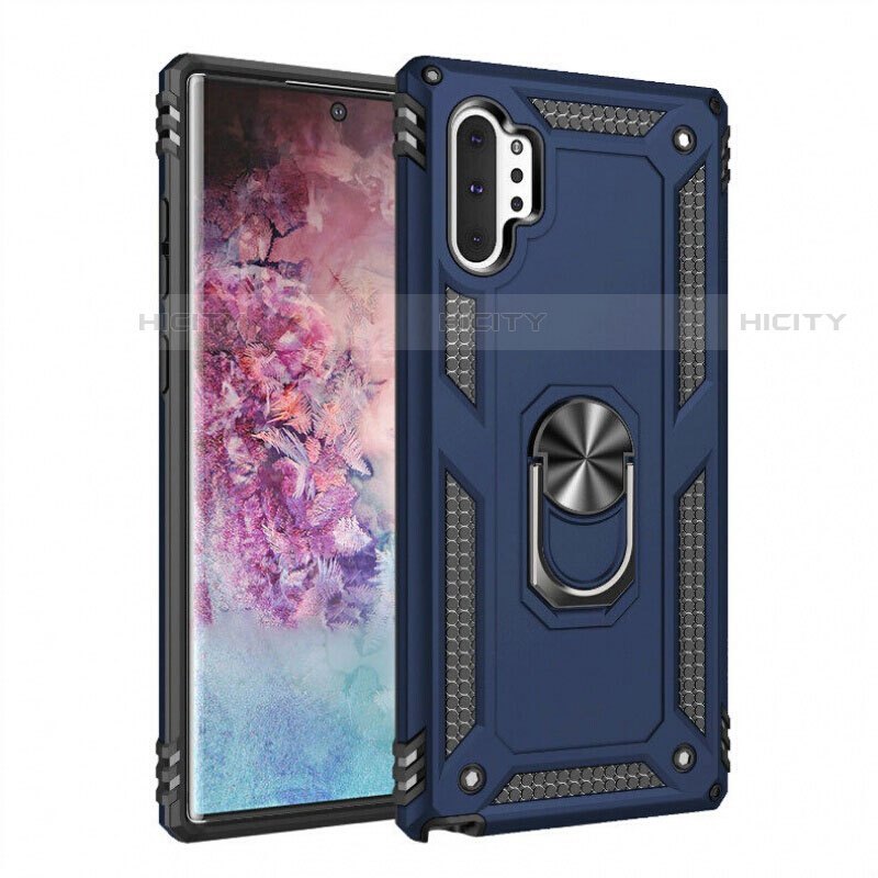 Silikon Hülle Handyhülle und Kunststoff Schutzhülle Tasche mit Magnetisch Fingerring Ständer für Samsung Galaxy Note 10 Plus 5G Blau Plus