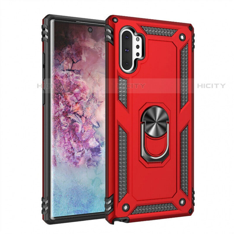 Silikon Hülle Handyhülle und Kunststoff Schutzhülle Tasche mit Magnetisch Fingerring Ständer für Samsung Galaxy Note 10 Plus 5G Rot Plus