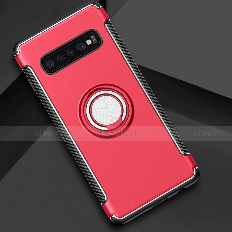 Silikon Hülle Handyhülle und Kunststoff Schutzhülle Tasche mit Magnetisch Fingerring Ständer für Samsung Galaxy S10 5G Rot Plus