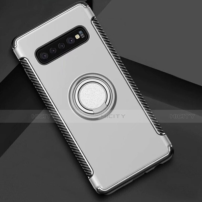 Silikon Hülle Handyhülle und Kunststoff Schutzhülle Tasche mit Magnetisch Fingerring Ständer für Samsung Galaxy S10 5G Silber Plus