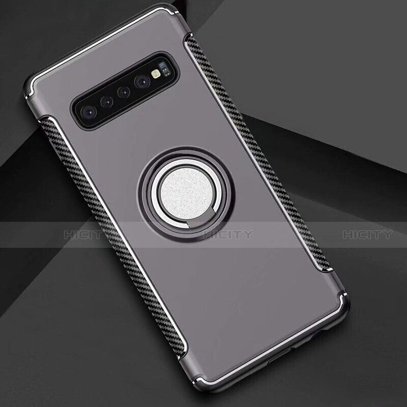 Silikon Hülle Handyhülle und Kunststoff Schutzhülle Tasche mit Magnetisch Fingerring Ständer für Samsung Galaxy S10 Dunkelgrau