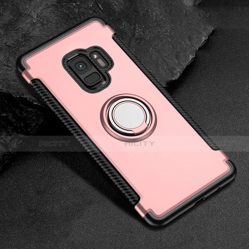 Silikon Hülle Handyhülle und Kunststoff Schutzhülle Tasche mit Magnetisch Fingerring Ständer für Samsung Galaxy S9 Rosegold