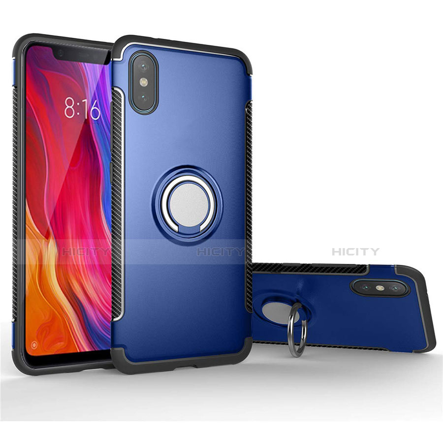 Silikon Hülle Handyhülle und Kunststoff Schutzhülle Tasche mit Magnetisch Fingerring Ständer für Xiaomi Mi 8 Pro Global Version Blau Plus