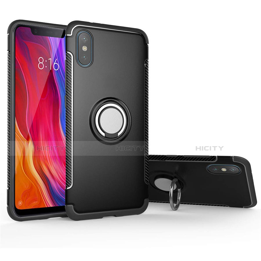 Silikon Hülle Handyhülle und Kunststoff Schutzhülle Tasche mit Magnetisch Fingerring Ständer für Xiaomi Mi 8 Pro Global Version Schwarz