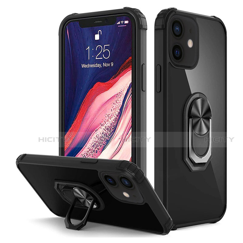 Silikon Hülle Handyhülle und Kunststoff Schutzhülle Tasche mit Magnetisch Fingerring Ständer R01 für Apple iPhone 12 Mini Schwarz