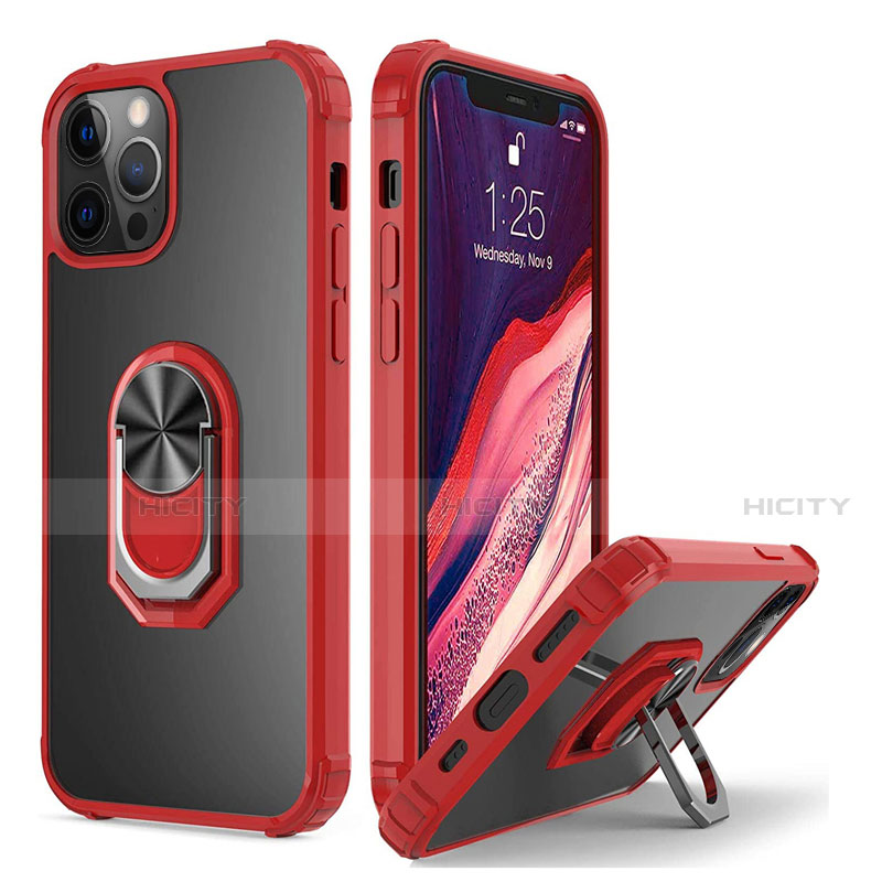 Silikon Hülle Handyhülle und Kunststoff Schutzhülle Tasche mit Magnetisch Fingerring Ständer R01 für Apple iPhone 12 Pro Rot