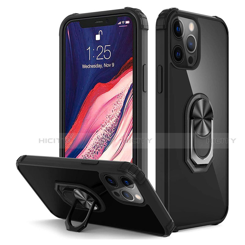 Silikon Hülle Handyhülle und Kunststoff Schutzhülle Tasche mit Magnetisch Fingerring Ständer R01 für Apple iPhone 12 Pro Schwarz