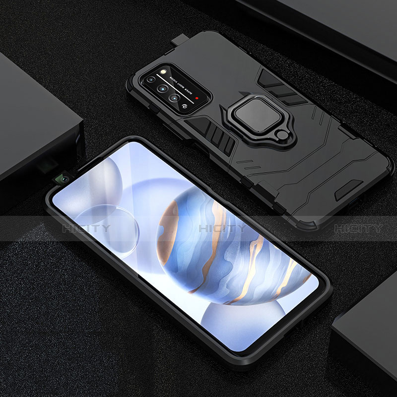 Silikon Hülle Handyhülle und Kunststoff Schutzhülle Tasche mit Magnetisch Fingerring Ständer R01 für Huawei Honor X10 5G Schwarz