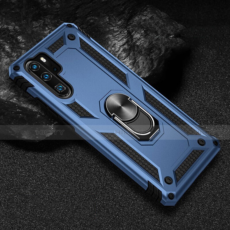 Silikon Hülle Handyhülle und Kunststoff Schutzhülle Tasche mit Magnetisch Fingerring Ständer R01 für Huawei P30 Pro New Edition Blau