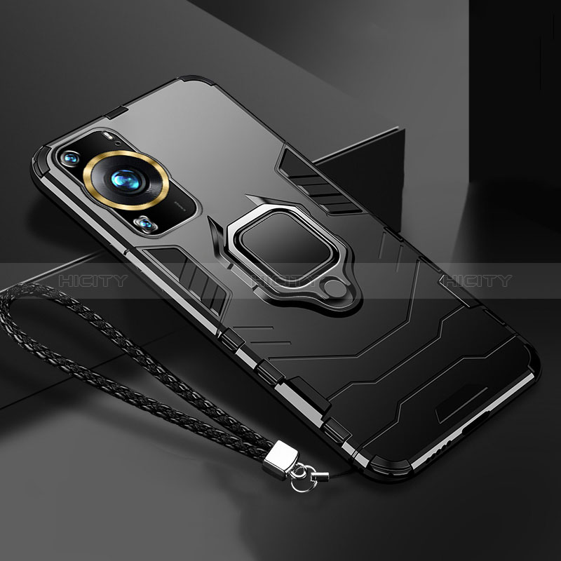 Silikon Hülle Handyhülle und Kunststoff Schutzhülle Tasche mit Magnetisch Fingerring Ständer R01 für Huawei P60 Pro Schwarz