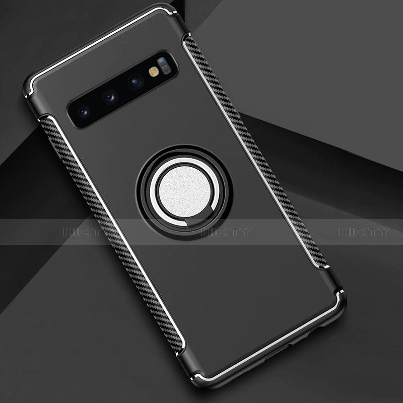 Silikon Hülle Handyhülle und Kunststoff Schutzhülle Tasche mit Magnetisch Fingerring Ständer R01 für Samsung Galaxy S10 Plus Schwarz