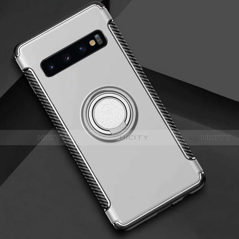 Silikon Hülle Handyhülle und Kunststoff Schutzhülle Tasche mit Magnetisch Fingerring Ständer R01 für Samsung Galaxy S10 Plus Silber