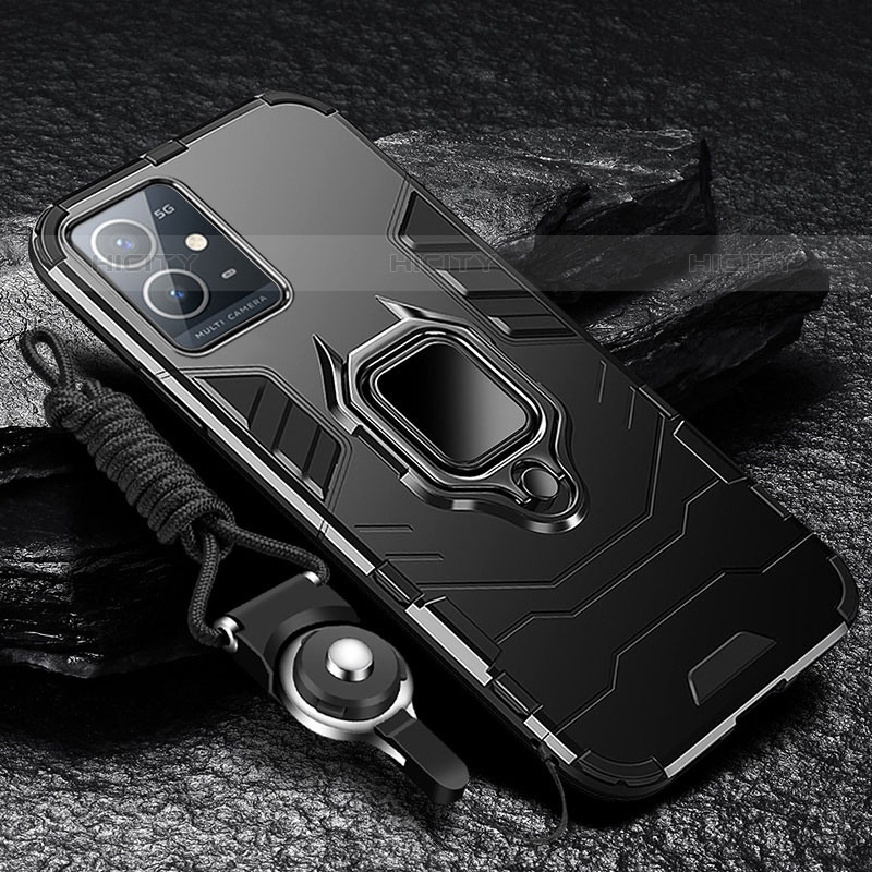 Silikon Hülle Handyhülle und Kunststoff Schutzhülle Tasche mit Magnetisch Fingerring Ständer R01 für Vivo iQOO Z6 5G Schwarz