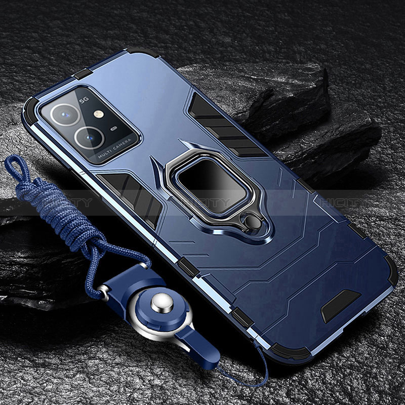 Silikon Hülle Handyhülle und Kunststoff Schutzhülle Tasche mit Magnetisch Fingerring Ständer R01 für Vivo Y55s 5G Blau
