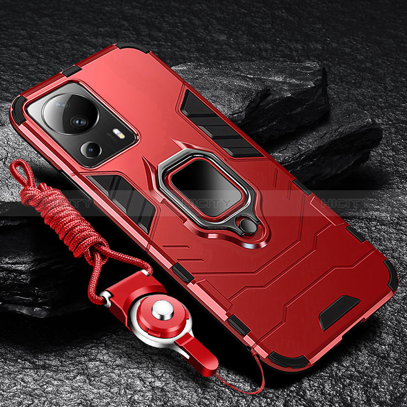 Silikon Hülle Handyhülle und Kunststoff Schutzhülle Tasche mit Magnetisch Fingerring Ständer R01 für Xiaomi Mi 13 Lite 5G Rot