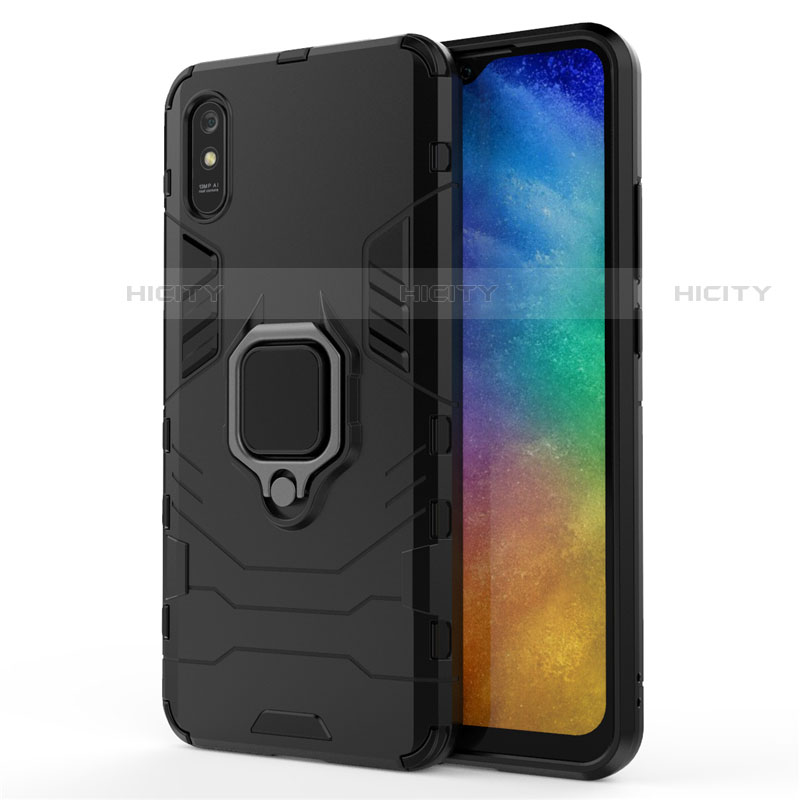 Silikon Hülle Handyhülle und Kunststoff Schutzhülle Tasche mit Magnetisch Fingerring Ständer R01 für Xiaomi Redmi 9AT Schwarz