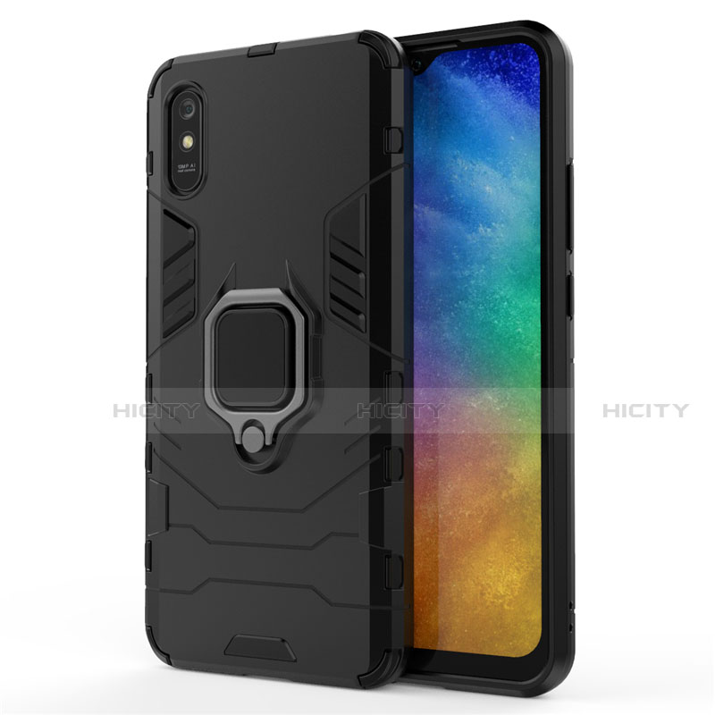 Silikon Hülle Handyhülle und Kunststoff Schutzhülle Tasche mit Magnetisch Fingerring Ständer R01 für Xiaomi Redmi 9i Schwarz