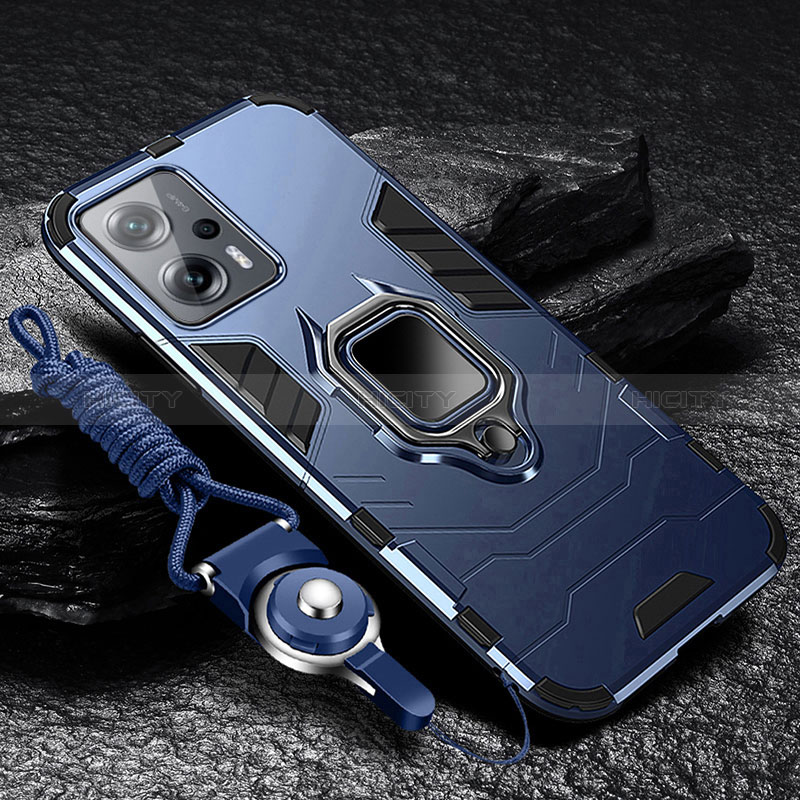 Silikon Hülle Handyhülle und Kunststoff Schutzhülle Tasche mit Magnetisch Fingerring Ständer R01 für Xiaomi Redmi Note 11T Pro+ Plus 5G Blau