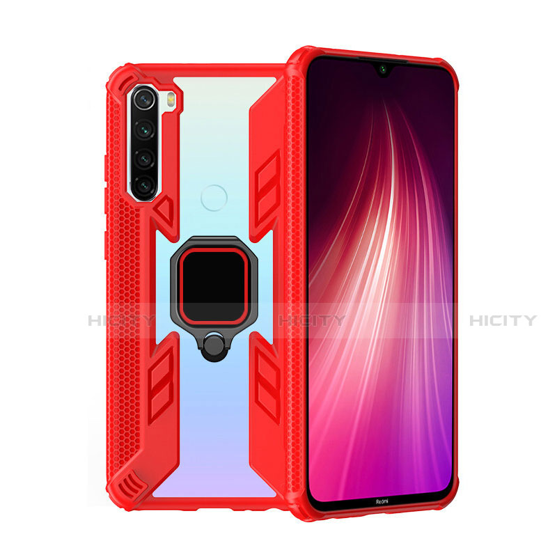 Silikon Hülle Handyhülle und Kunststoff Schutzhülle Tasche mit Magnetisch Fingerring Ständer R01 für Xiaomi Redmi Note 8 (2021) Rot Plus