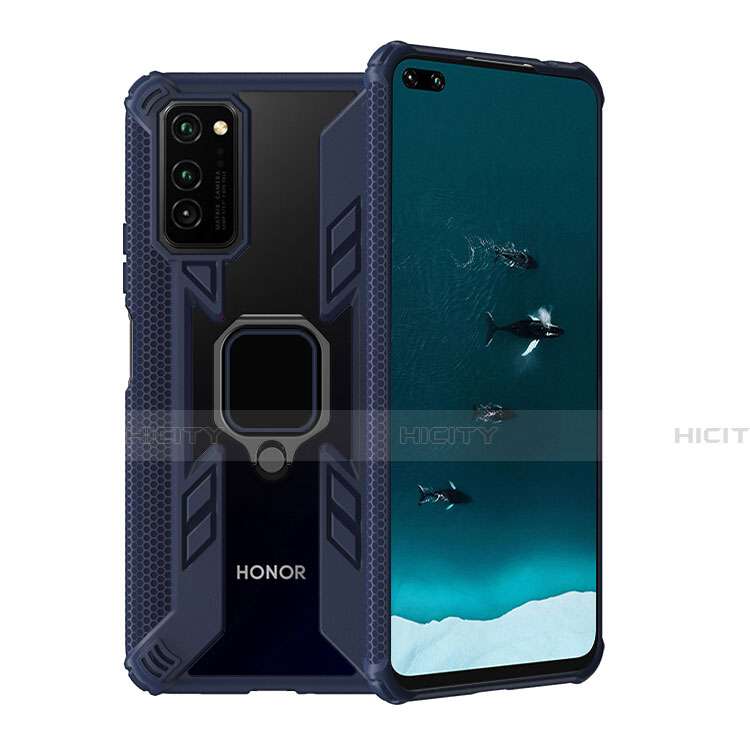 Silikon Hülle Handyhülle und Kunststoff Schutzhülle Tasche mit Magnetisch Fingerring Ständer R02 für Huawei Honor View 30 5G Blau Plus