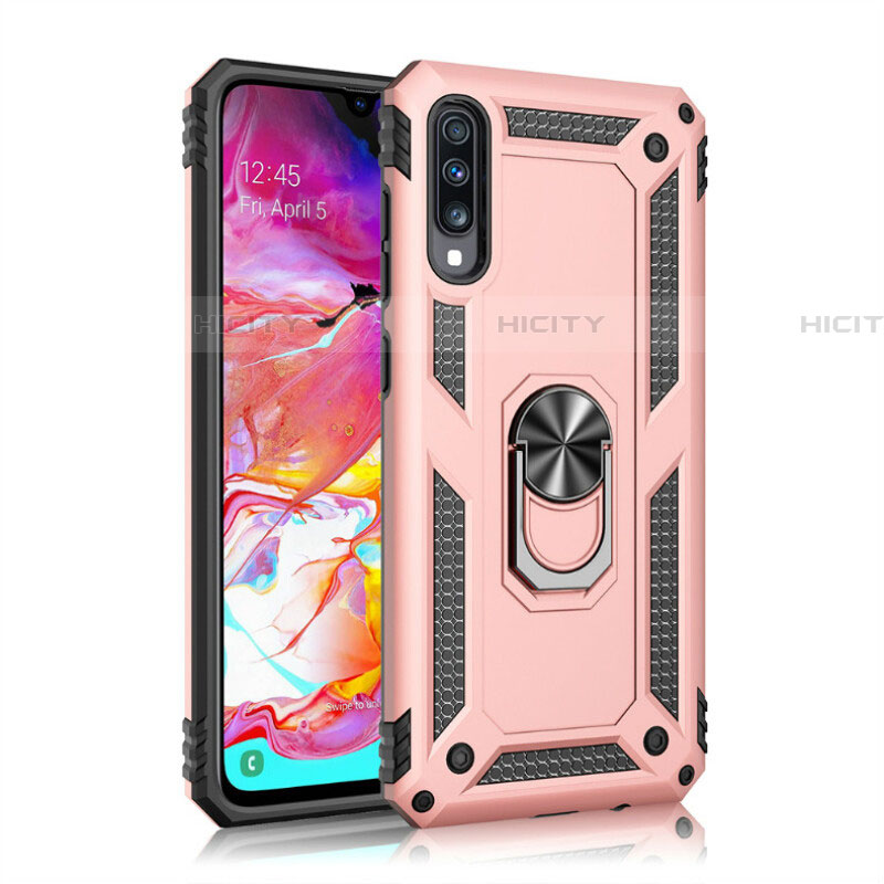 Silikon Hülle Handyhülle und Kunststoff Schutzhülle Tasche mit Magnetisch Fingerring Ständer R02 für Samsung Galaxy A70S Rosegold Plus