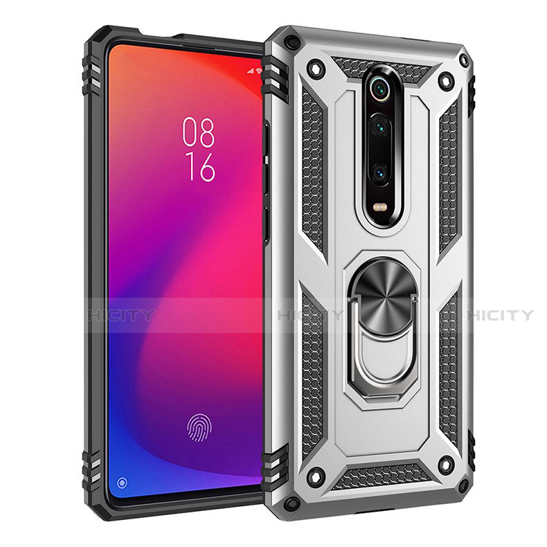 Silikon Hülle Handyhülle und Kunststoff Schutzhülle Tasche mit Magnetisch Fingerring Ständer R02 für Xiaomi Mi 9T Pro Silber