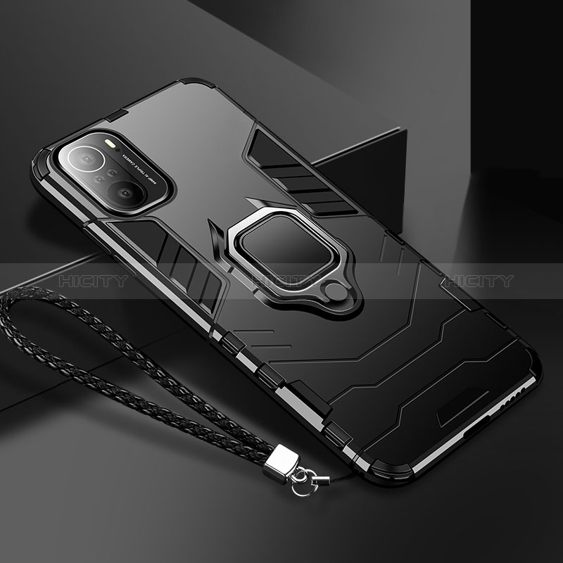 Silikon Hülle Handyhülle und Kunststoff Schutzhülle Tasche mit Magnetisch Fingerring Ständer R02 für Xiaomi Poco F3 5G Schwarz