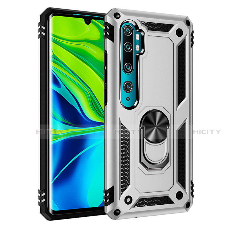 Silikon Hülle Handyhülle und Kunststoff Schutzhülle Tasche mit Magnetisch Fingerring Ständer R03 für Xiaomi Mi Note 10 Pro Silber