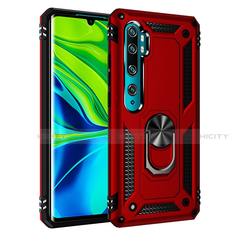 Silikon Hülle Handyhülle und Kunststoff Schutzhülle Tasche mit Magnetisch Fingerring Ständer R03 für Xiaomi Mi Note 10 Rot Plus