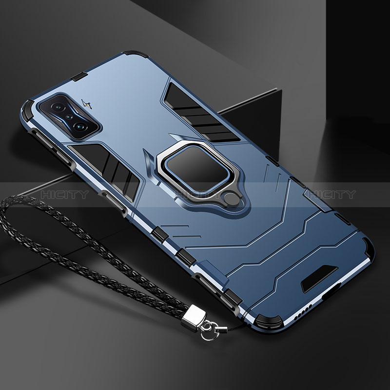 Silikon Hülle Handyhülle und Kunststoff Schutzhülle Tasche mit Magnetisch Fingerring Ständer R03 für Xiaomi Poco F4 GT 5G Blau Plus