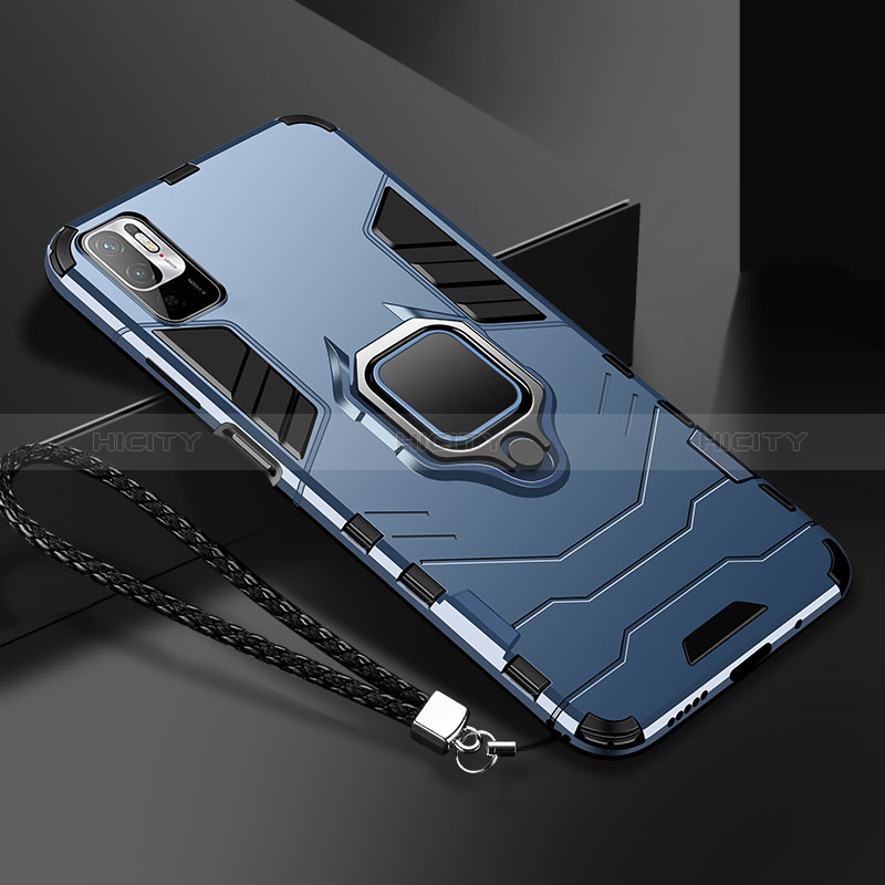 Silikon Hülle Handyhülle und Kunststoff Schutzhülle Tasche mit Magnetisch Fingerring Ständer R03 für Xiaomi POCO M3 Pro 5G Blau