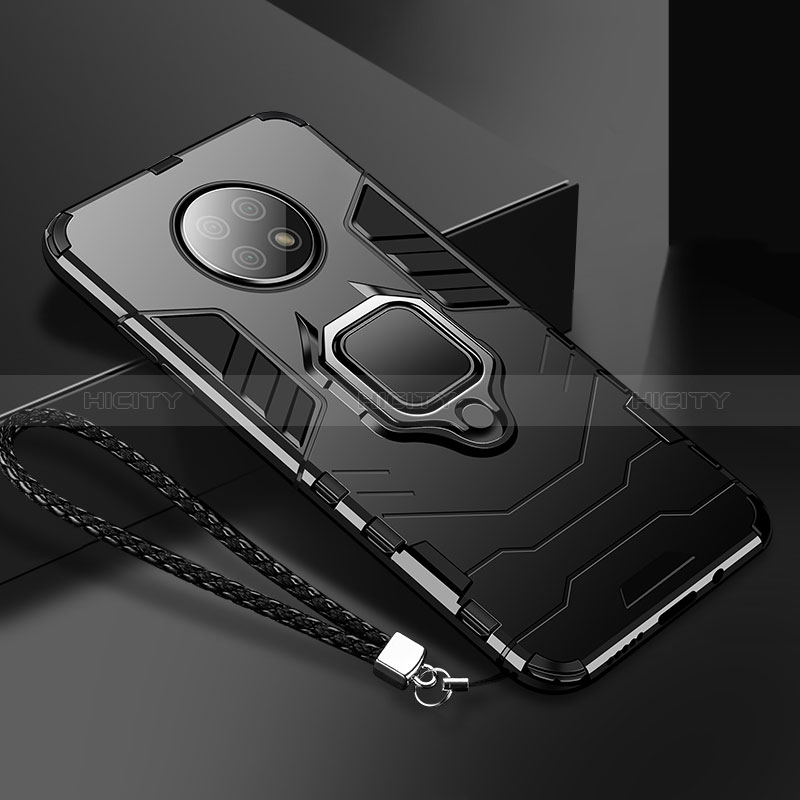 Silikon Hülle Handyhülle und Kunststoff Schutzhülle Tasche mit Magnetisch Fingerring Ständer R03 für Xiaomi Redmi Note 9T 5G Schwarz Plus