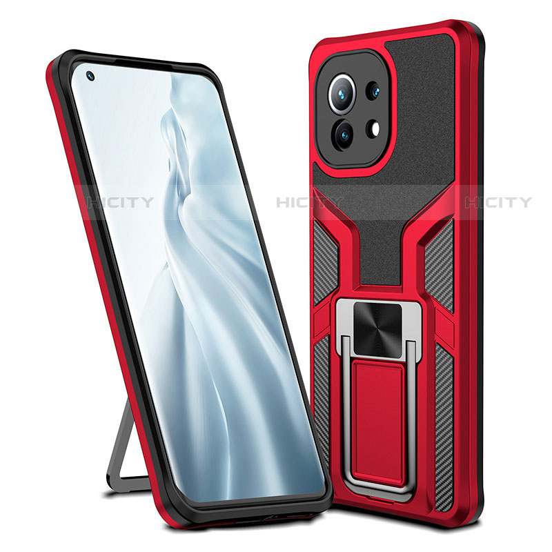 Silikon Hülle Handyhülle und Kunststoff Schutzhülle Tasche mit Magnetisch Fingerring Ständer R04 für Xiaomi Mi 11 Lite 4G Rot