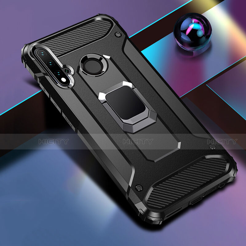 Silikon Hülle Handyhülle und Kunststoff Schutzhülle Tasche mit Magnetisch Fingerring Ständer R05 für Huawei P20 Lite (2019) Schwarz