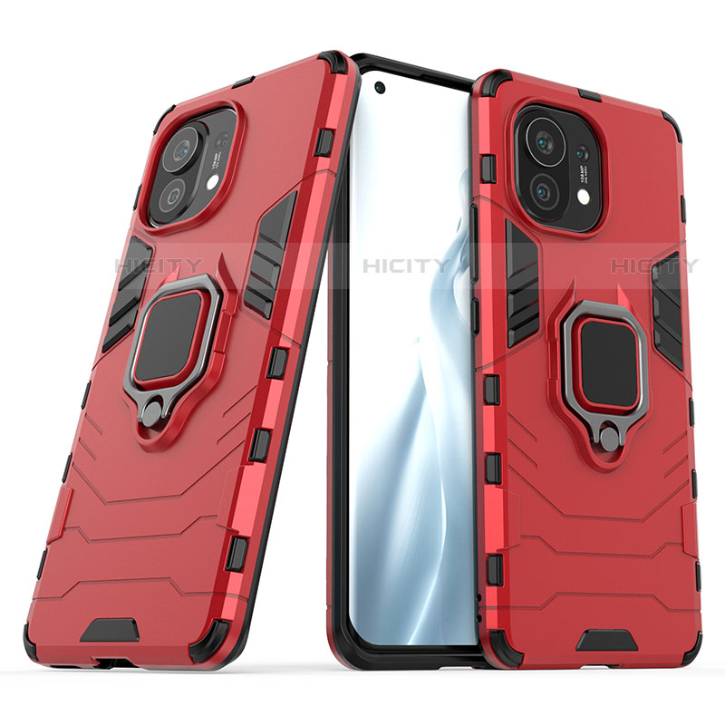 Silikon Hülle Handyhülle und Kunststoff Schutzhülle Tasche mit Magnetisch Fingerring Ständer R05 für Xiaomi Mi 11 Lite 5G Rot