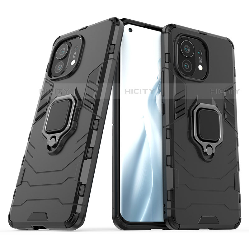 Silikon Hülle Handyhülle und Kunststoff Schutzhülle Tasche mit Magnetisch Fingerring Ständer R05 für Xiaomi Mi 11 Lite 5G Schwarz