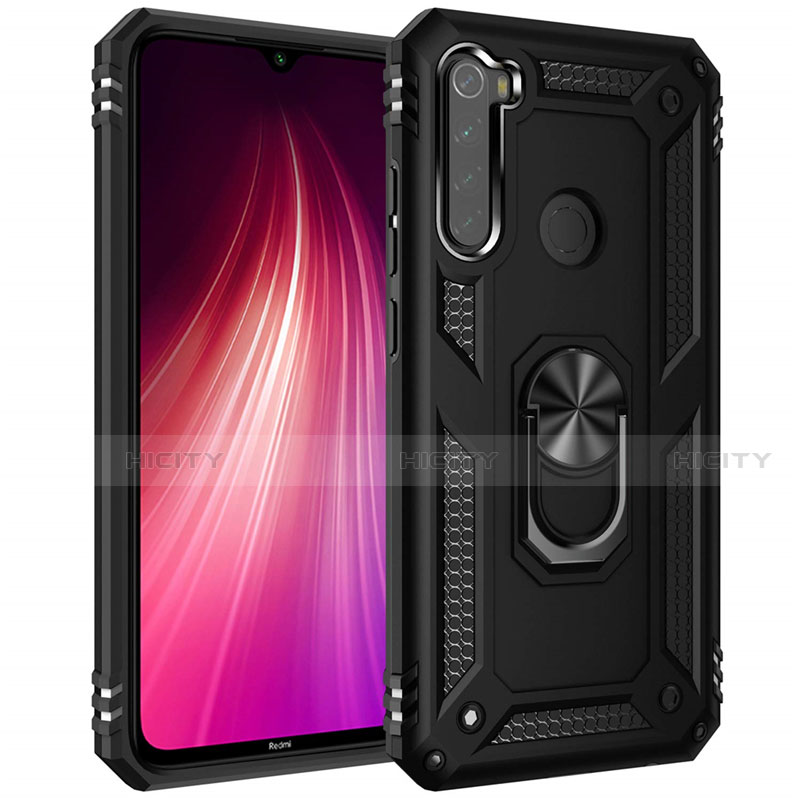 Silikon Hülle Handyhülle und Kunststoff Schutzhülle Tasche mit Magnetisch Fingerring Ständer R05 für Xiaomi Redmi Note 8 (2021) Schwarz Plus