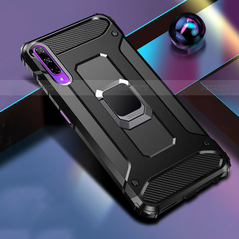 Silikon Hülle Handyhülle und Kunststoff Schutzhülle Tasche mit Magnetisch Fingerring Ständer S01 für Huawei P Smart Pro (2019) Schwarz Plus