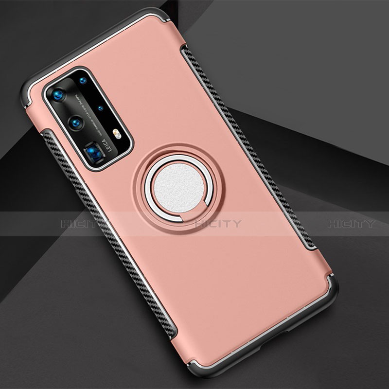 Silikon Hülle Handyhülle und Kunststoff Schutzhülle Tasche mit Magnetisch Fingerring Ständer S01 für Huawei P40 Pro+ Plus Rosegold