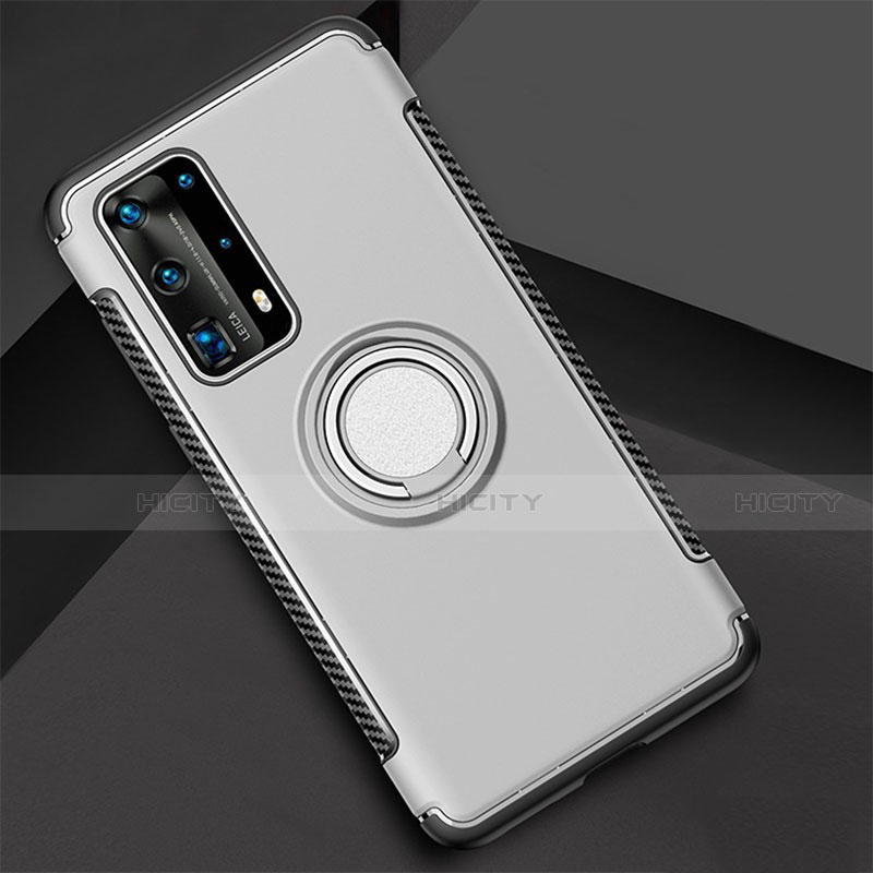 Silikon Hülle Handyhülle und Kunststoff Schutzhülle Tasche mit Magnetisch Fingerring Ständer S01 für Huawei P40 Pro+ Plus Silber