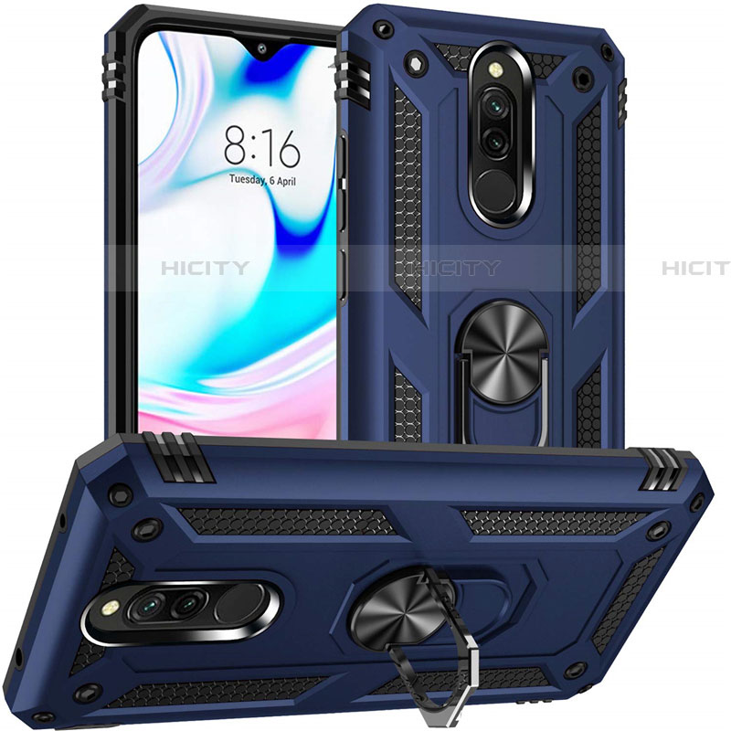 Silikon Hülle Handyhülle und Kunststoff Schutzhülle Tasche mit Magnetisch Fingerring Ständer S04 für Xiaomi Redmi 8 Blau