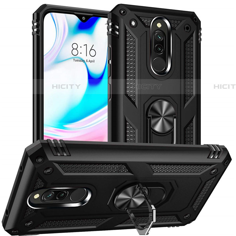 Silikon Hülle Handyhülle und Kunststoff Schutzhülle Tasche mit Magnetisch Fingerring Ständer S04 für Xiaomi Redmi 8 Schwarz Plus