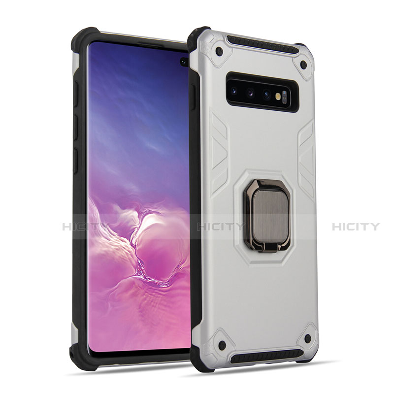 Silikon Hülle Handyhülle und Kunststoff Schutzhülle Tasche mit Magnetisch Fingerring Ständer T01 für Samsung Galaxy S10 5G Silber