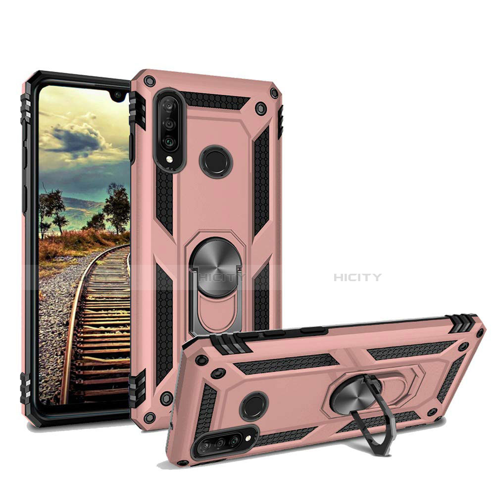 Silikon Hülle Handyhülle und Kunststoff Schutzhülle Tasche mit Magnetisch Ständer für Huawei Nova 4e Rosegold