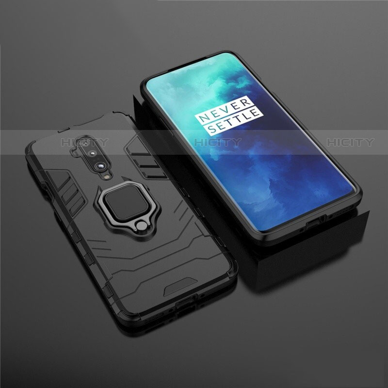 Silikon Hülle Handyhülle und Kunststoff Schutzhülle Tasche mit Magnetisch Ständer für OnePlus 7T Pro Schwarz